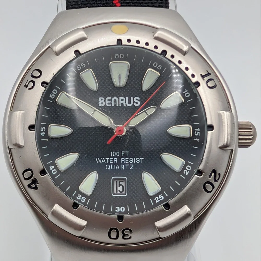 Benrus W1512 Quartz Diver Style Watch Black Dial NATO Strap 43mm Date Lume - Picture 3 of 10